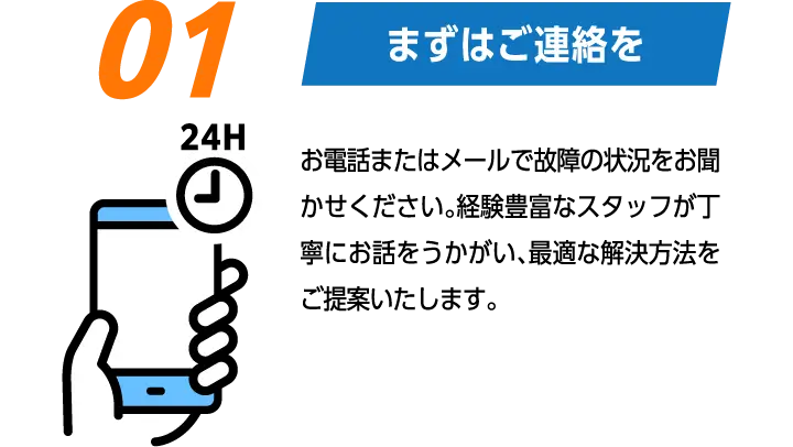 01:まずはご連絡を　お電話またはメールで故障の状況をお聞かせください。経験豊富なスタッフが丁寧にお話をうかがい、最適な解決方法をご提案いたします。