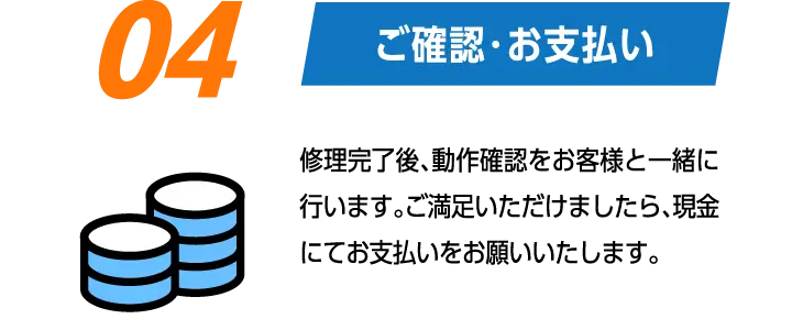 04:ご確認・お支払い　修理完了後、動作確認をお客様と一緒に行います。ご満足いただけましたら、現金にてお支払いをお願いいたします。